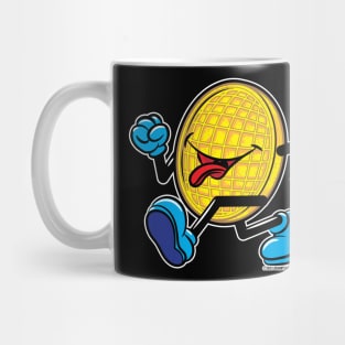 Happy Smiling Waffle Mascot strutting by Mug